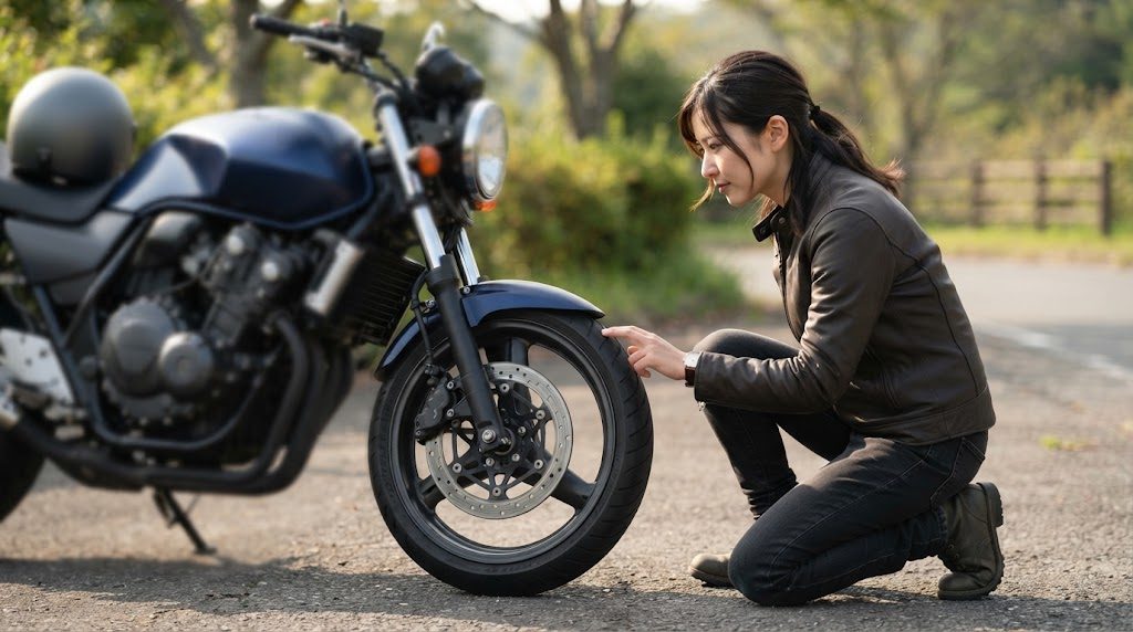 停めたバイクの前輪の横で、グローブを外した女性がしゃがみ、タイヤの表面に指先を当てて見ている様子