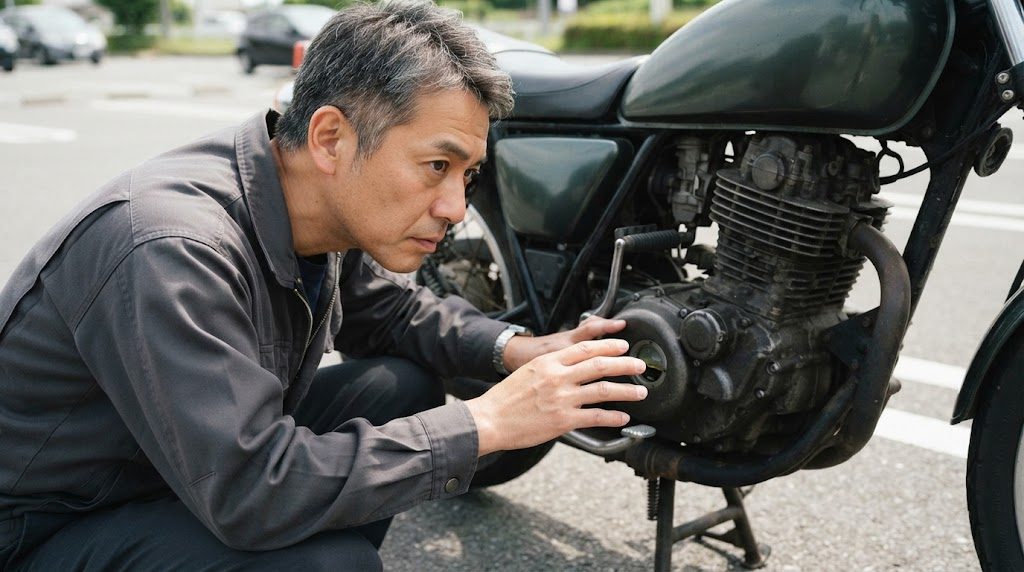 停めたバイクのエンジン横の小さな丸い窓を、男性がしゃがんで手を添えながらのぞき込んでいる様子