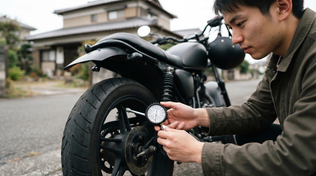 バイクの後輪のバルブにエアゲージを当て、男性が両手でゲージを持って目盛りを見ている様子