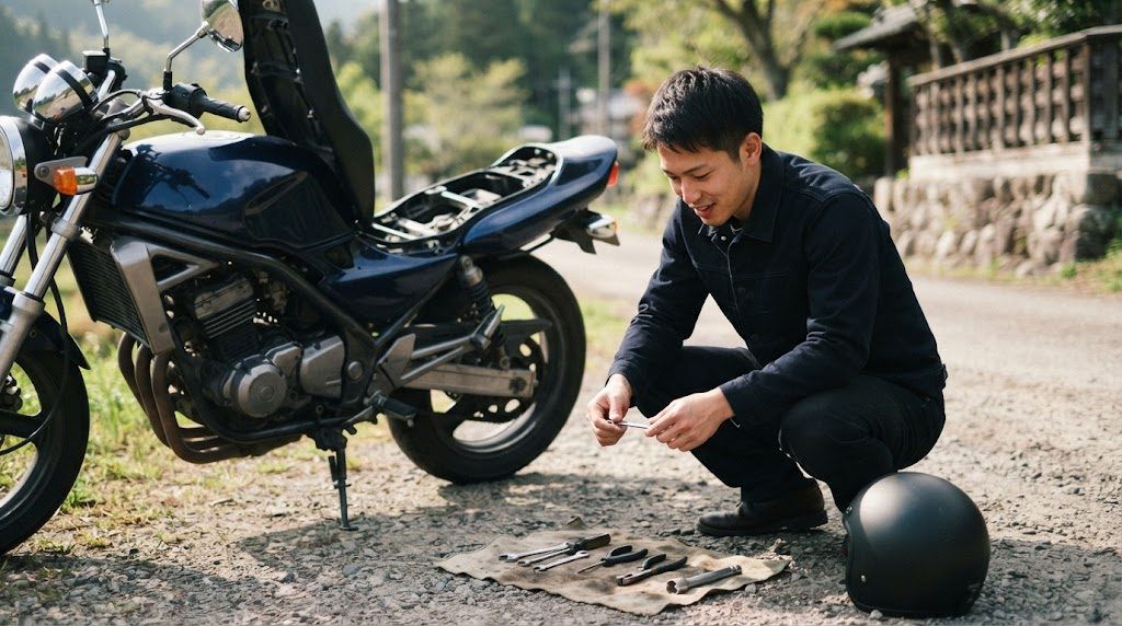 地面に広げた布の上に小さなレンチやドライバーなどの工具が並び、その横にしゃがんだ男性が工具の1本を手に取って見ている様子