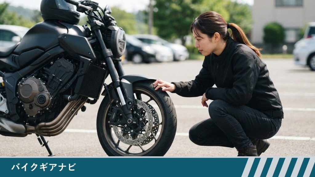 駐車場で、女性ライダーが停めたバイクの前輪の横にしゃがみ、タイヤの表面に手を当てて見ている様子