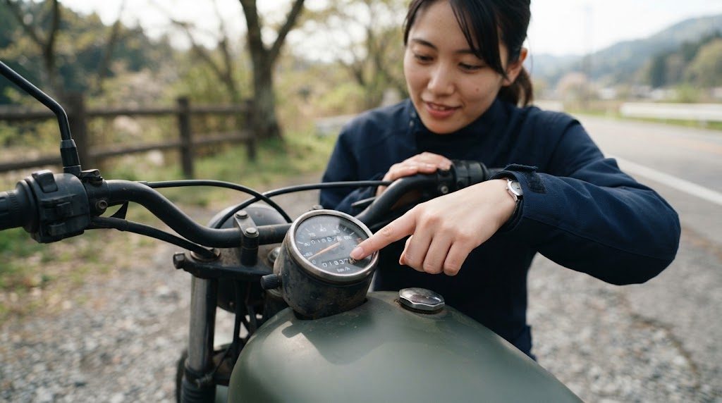 停めたバイクのメーターの走行距離の表示を、女性の指が指さしている様子