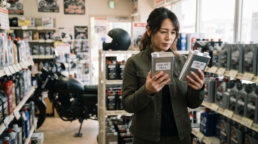 バイク用品店の棚の前で、女性がオイル缶を両手に1本ずつ持ち、側面の粘度の表示を見比べている様子