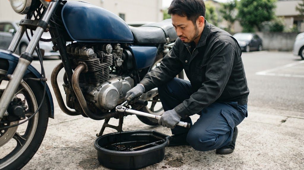平らな駐車場でバイクの横にしゃがんだ男性が、手袋をした手でトルクレンチをエンジン下のボルトに掛けている。真下に廃油を受ける黒い容器が置いてある