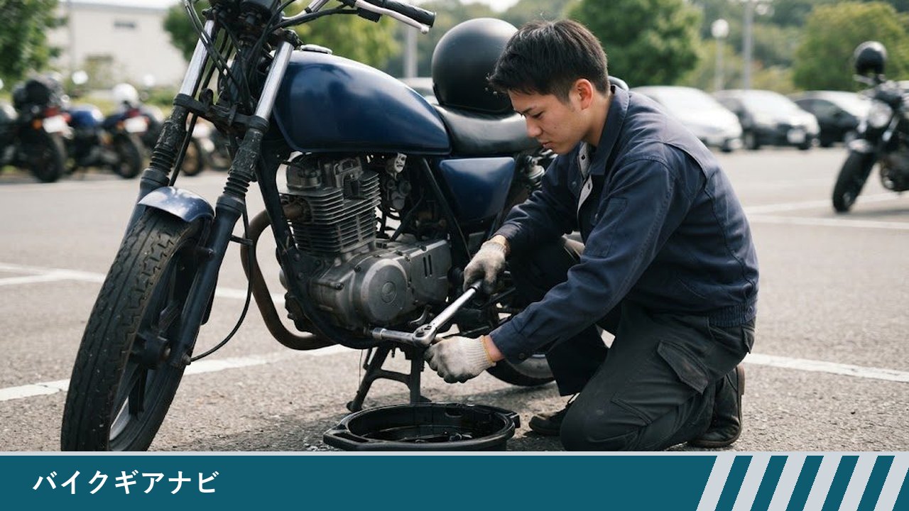 駐車場で、男性がバイクの横にしゃがみ、手袋をした手でトルクレンチをエンジン下のボルトに掛けている様子。真下に黒い受け皿が置いてある