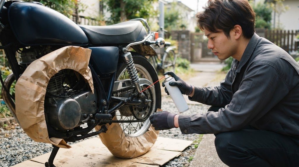 後輪の下に段ボールを敷きタイヤを紙でおおったバイクで、手袋をした手が細いノズルのスプレー缶をチェーンに向けている様子