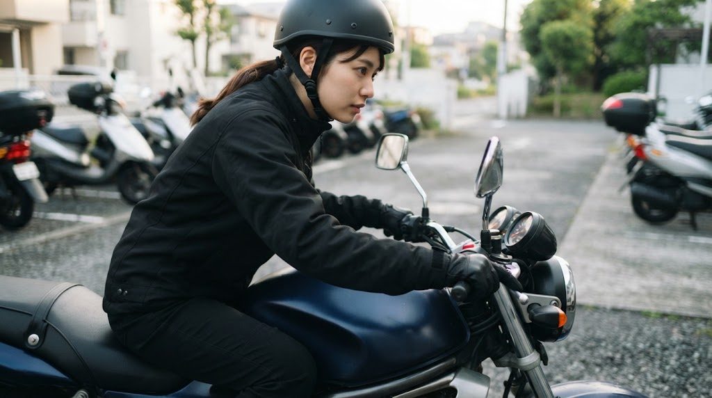 駐輪場に停めたバイクにまたがり、ヘルメットをかぶった女性が、ハンドルに手を添えてメーターのほうをのぞき込んでいる様子