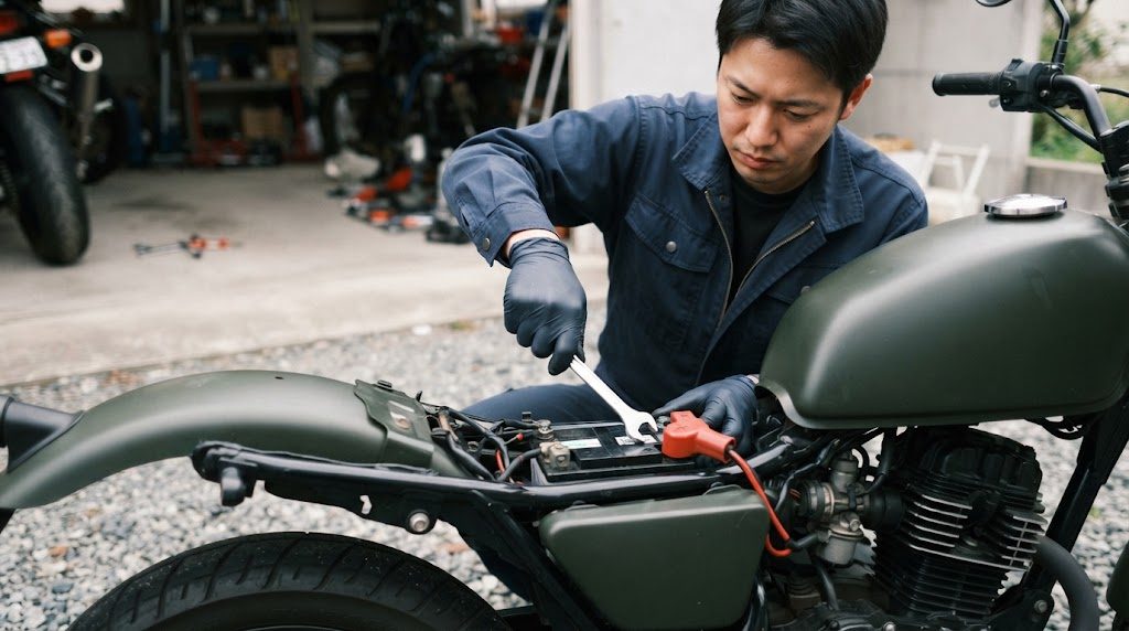 シートを外したバイクの横で、手袋をした男性がバッテリーの端子のあたりにレンチを当てている様子