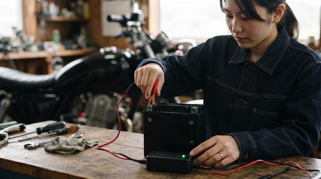 作業台の上のバッテリーの端子に、女性が赤いクリップをつなごうとし、手前の小さな充電器の緑のランプが点いている様子