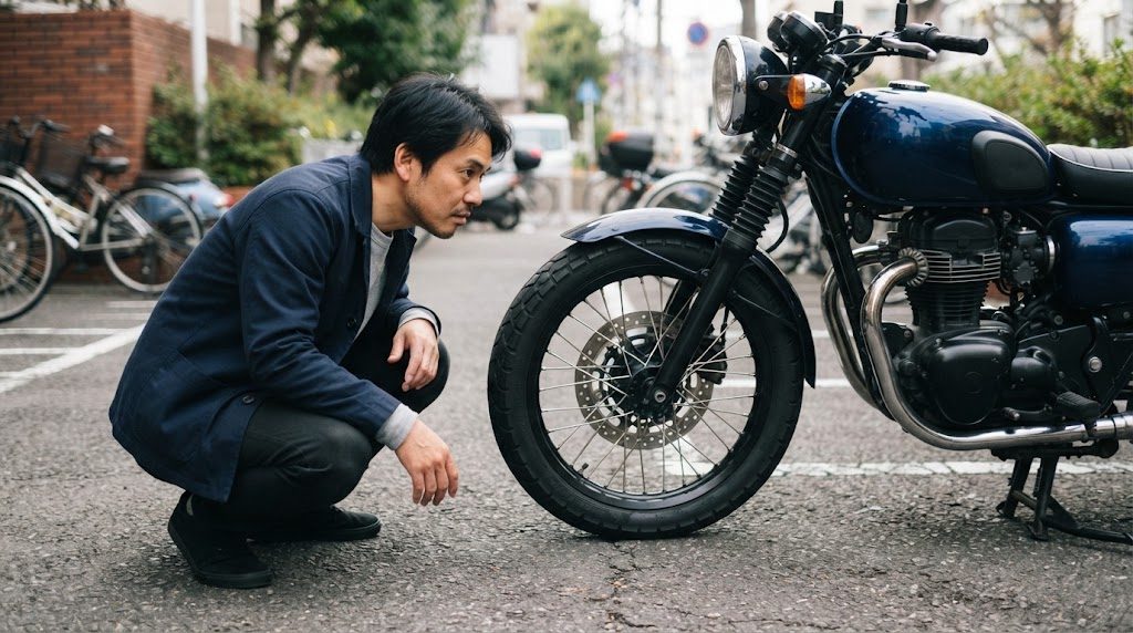駐輪場に停めたバイクの前輪の前で、男性がしゃがみ、タイヤの接地面を低い位置からのぞき込んでいる様子