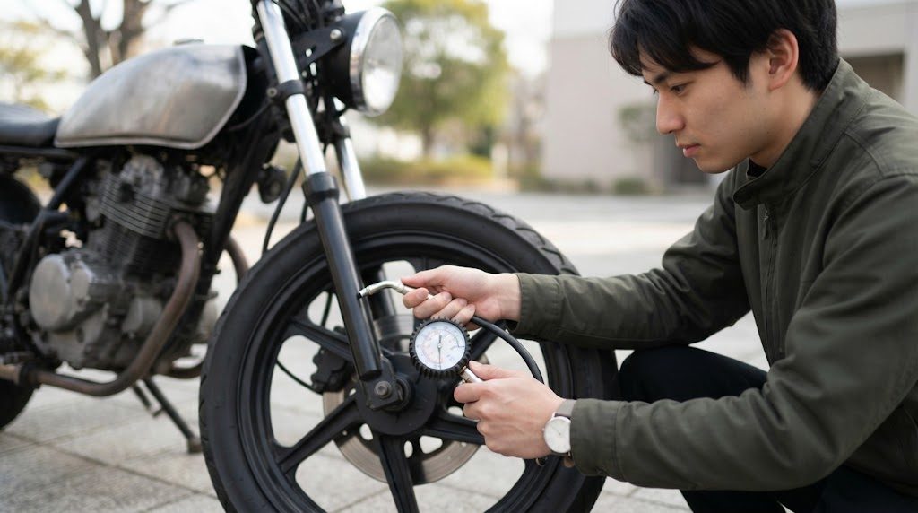 バイクの前輪のバルブにエアゲージを当て、男性が両手でゲージを持って目盛りを見ている様子