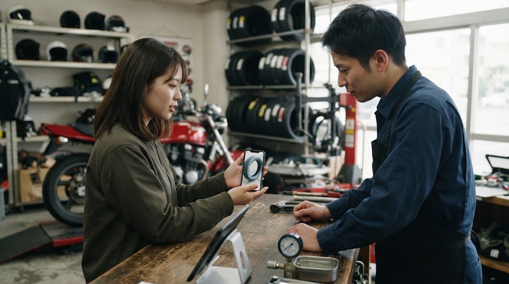 バイク用品店のカウンターで、女性客がスマホに写したタイヤの写真を店員に見せ、店員がそれを見ている様子