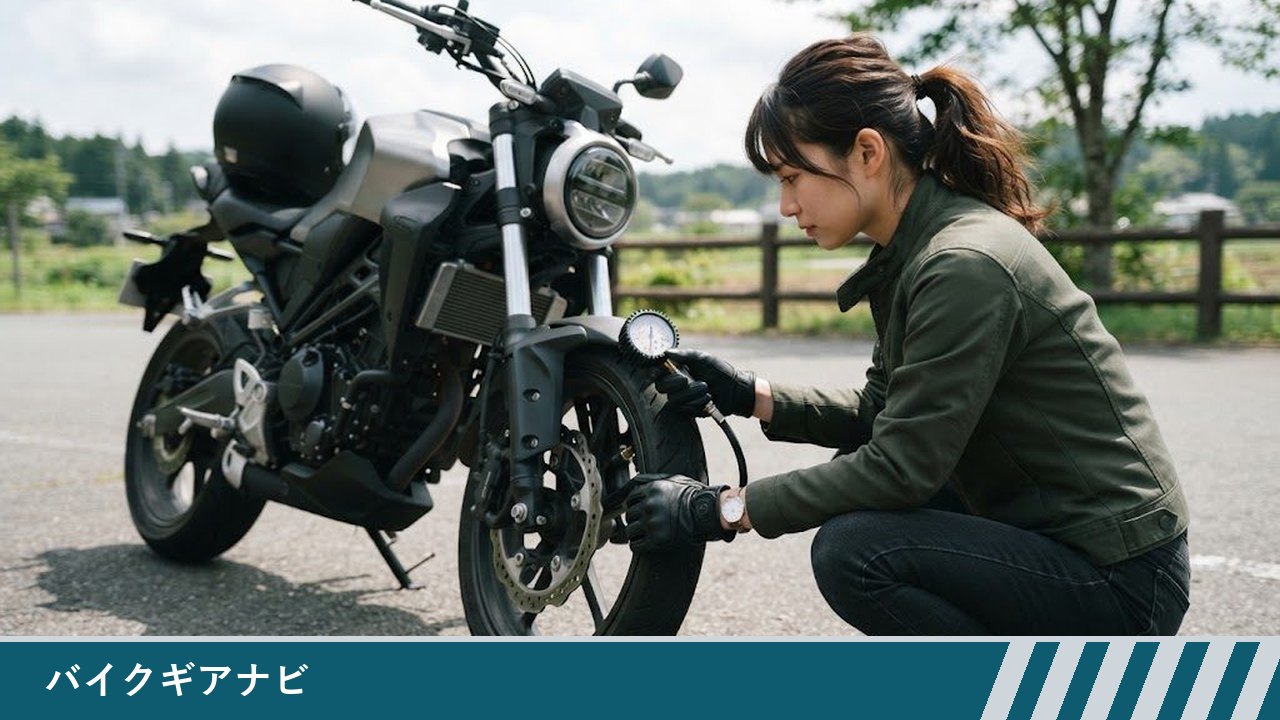 女性ライダーがバイクの前輪の横にしゃがみ、エアゲージをタイヤのバルブに当てて目盛りを見ている様子