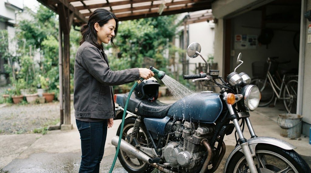 木々のある自宅の駐車スペースで、女性が停めたバイクのタンクの上に、ホースのシャワーで水をかけている様子