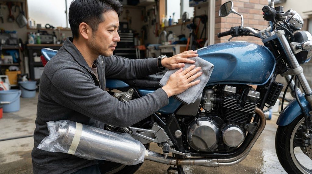 洗い終えたバイクのタンクに、男性が布を両手で押し当てて水気を吸わせている様子。マフラーの出口にはビニール袋がかぶせてある