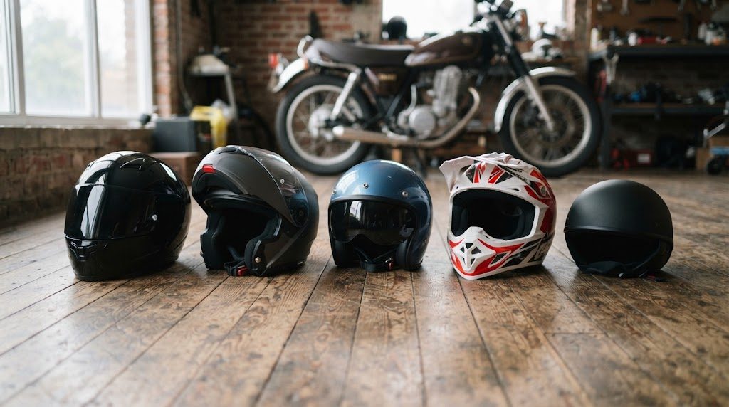 フルフェイス、システム、ジェット、オフロード、ハーフの5種類のヘルメットを床に横一列に並べ、あご部分の形の違いが分かる様子