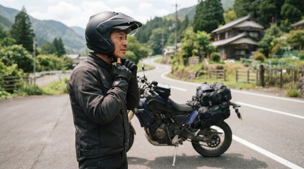 停車したバイクの横で、ヘルメットをかぶった男性があごひもとあごの間に指を1本当てて締め具合を確かめている横向きの姿