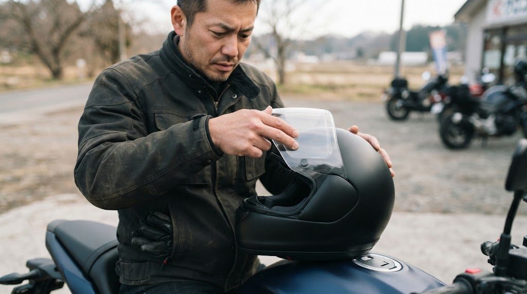 冬の朝、停車したバイクに座った男性が、ヘルメットのシールドの内側に透明な曇り止めシートを貼ろうとしている手元