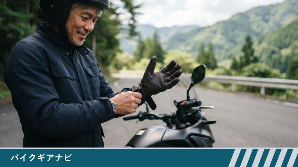 停車したバイクのそばで、男性が革のライディンググローブに手を入れてはめている様子