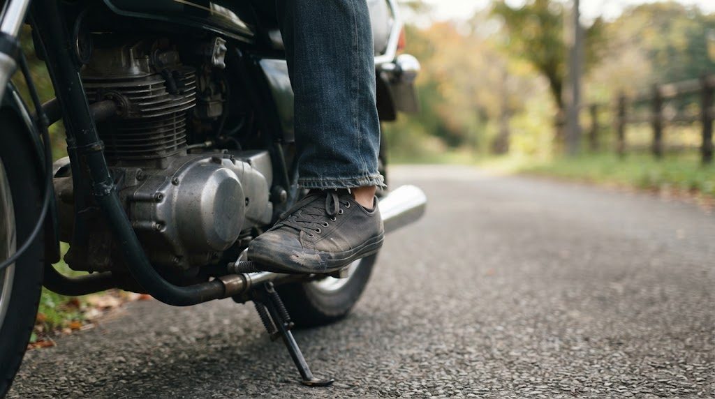 停車中のバイクのステップに布のスニーカーを履いた足を乗せた足元。甲の生地が汚れてこすれている様子