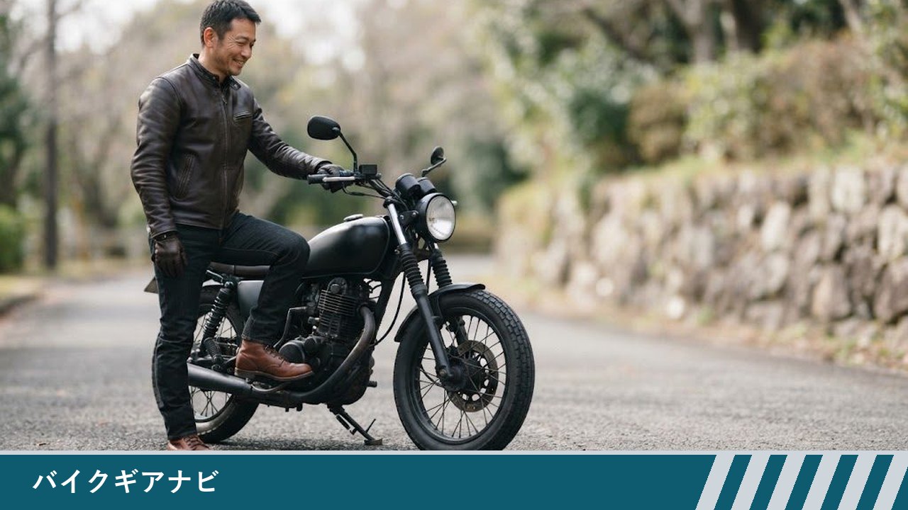 停車したバイクにまたがる男性が、ライディングブーツを履いた足をステップに乗せている様子