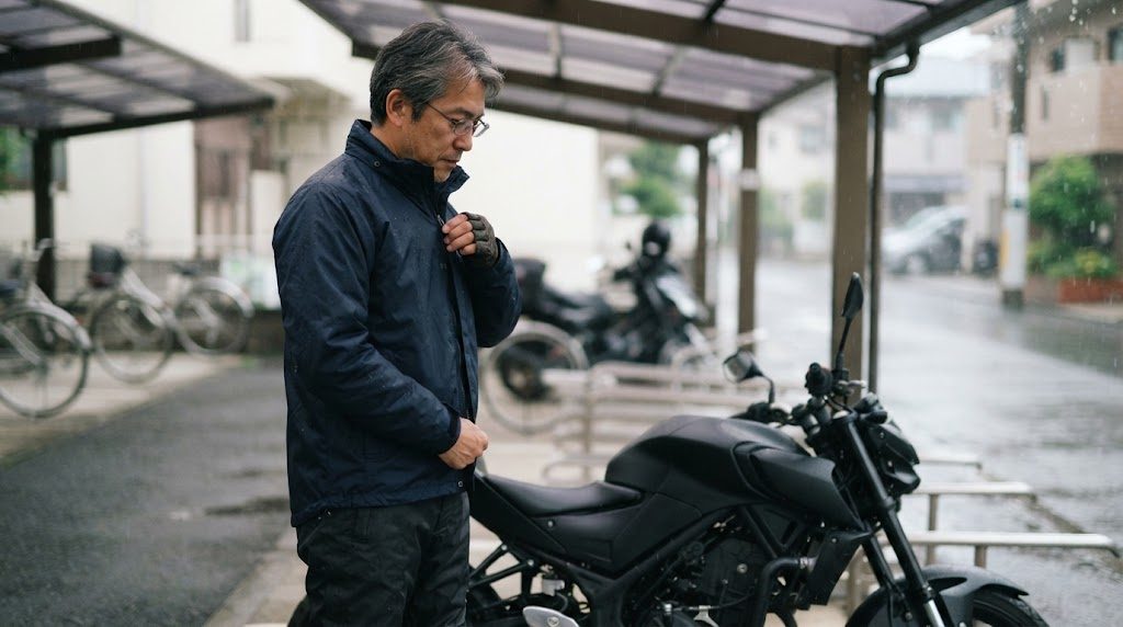 駐輪場の屋根の下で、バイク用ジャケットの上からレインウェアの上着を着て、前のファスナーを閉めている男性の横向きの姿