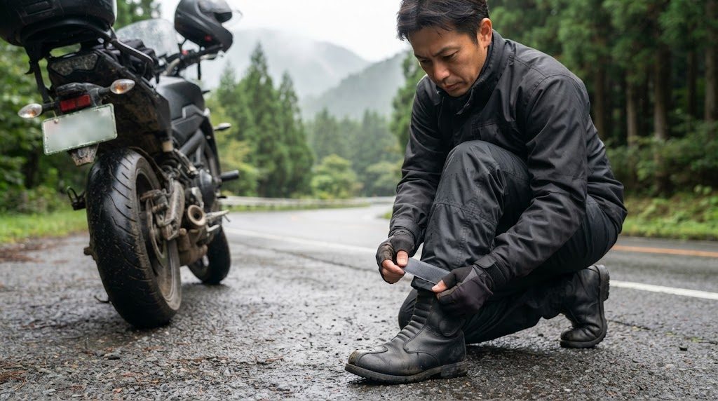 停めたバイクの横で、レインパンツのすそをブーツの外側にかぶせ、すその面ファスナーのベルトを締めている足元と手元