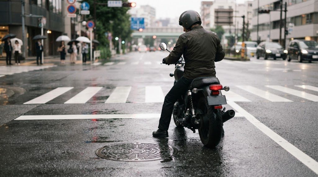 雨上がりの交差点の手前で、停車したバイクにまたがり、濡れて光るマンホールのふたと白線を見ているライダーの後ろ姿