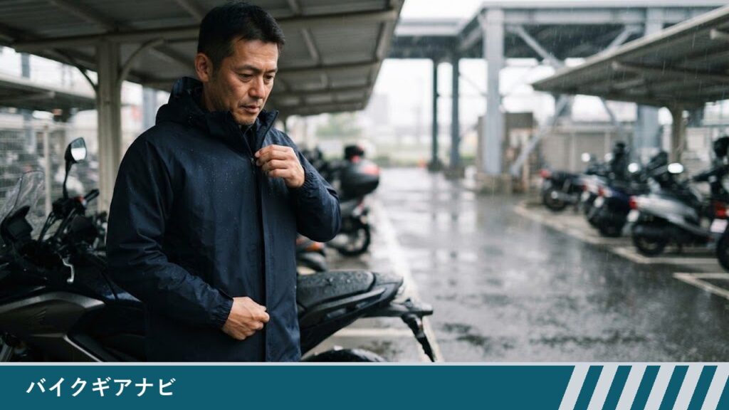 雨の日の駐輪場の屋根の下で、男性がレインウェアの上着を着て前のファスナーを閉めている様子