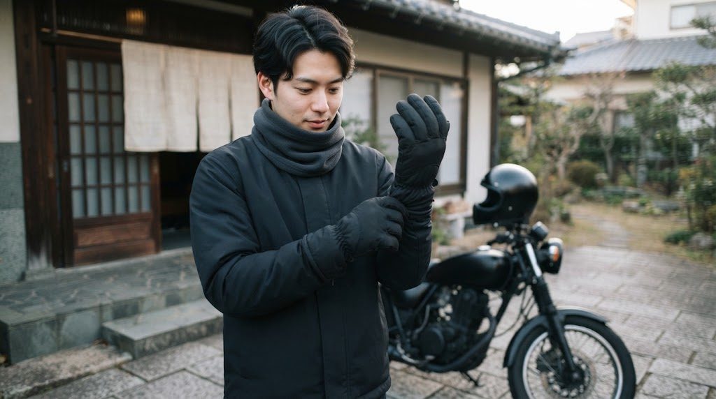 玄関先で、ネックウォーマーを着けた男性が、黒い冬用グローブを片手にはめようとしている様子。横に黒いバイクが停まっている