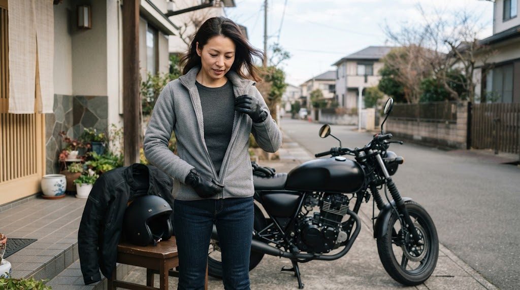 通りに停めたバイクの横で、グレーのフリースを着て黒い手袋をはめた女性が、胸元のファスナーに手をかけている様子。近くの椅子にジャケットとヘルメットが置いてある