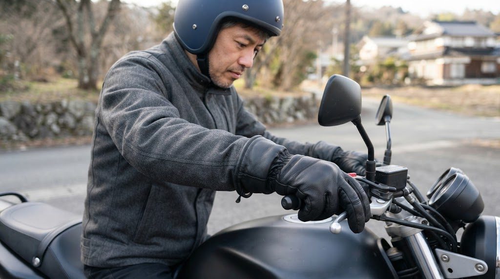 停車したバイクにまたがった男性が、黒い革の冬用グローブをはめた手でブレーキレバーを握っている様子