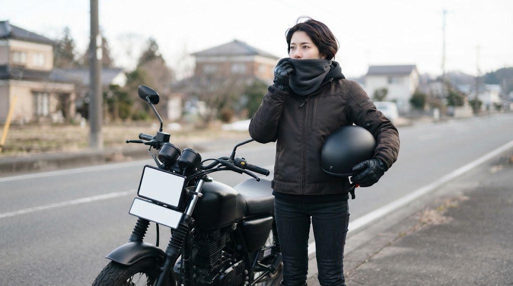 黒い手袋をした女性が、ネックウォーマーを口元まで引き上げ、反対の手にヘルメットを持って路肩のバイクの横に立っている様子