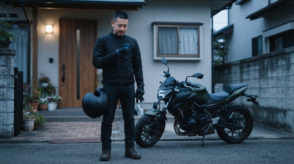 玄関先で、手袋をした男性がスマホの画面を見ている様子。足元にヘルメットが置かれ、後ろにバイクが停まっている
