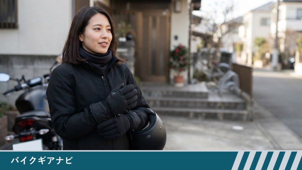 玄関先で、ネックウォーマーと黒い冬用グローブを着けた女性が、ヘルメットを抱えて手を胸の前に合わせて立っている様子
