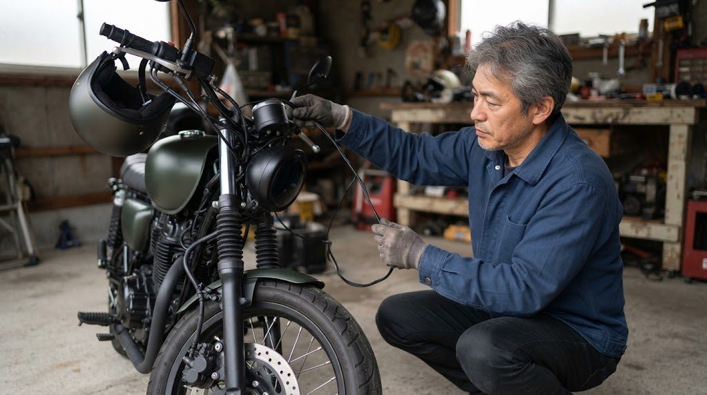 ガレージで、手袋をした男性がバイクの横にしゃがみ、ハンドルから伸びる細い配線を手で持って確かめている様子