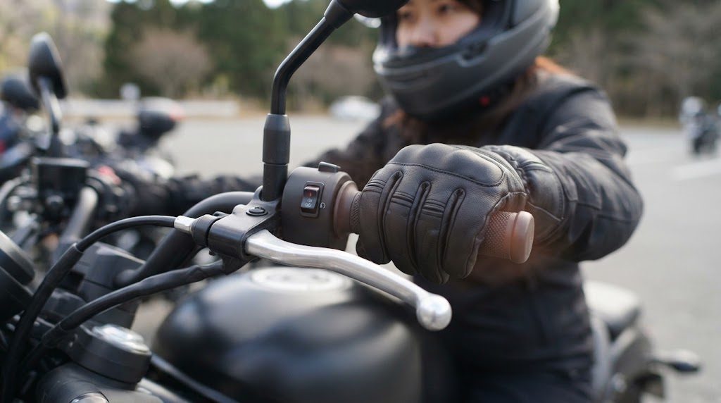 黒い革の冬用グローブをはめた手が、バイクのハンドルのグリップを握っている様子。グリップの近くに小さなスイッチが見える