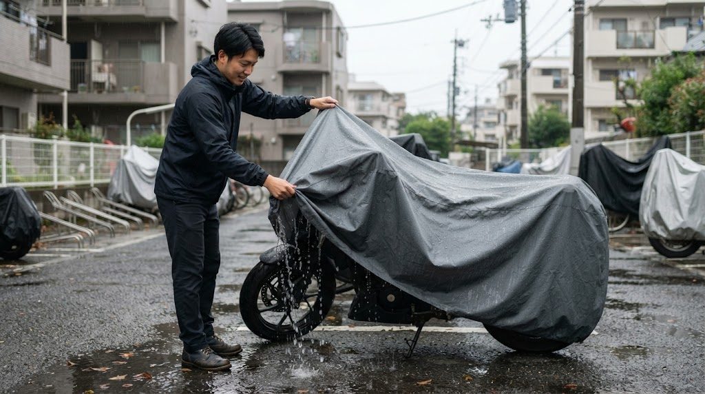 雨上がりの駐輪場で、男性がバイクにかけたグレーのカバーの端を持ち上げ、たまった雨水を流している様子