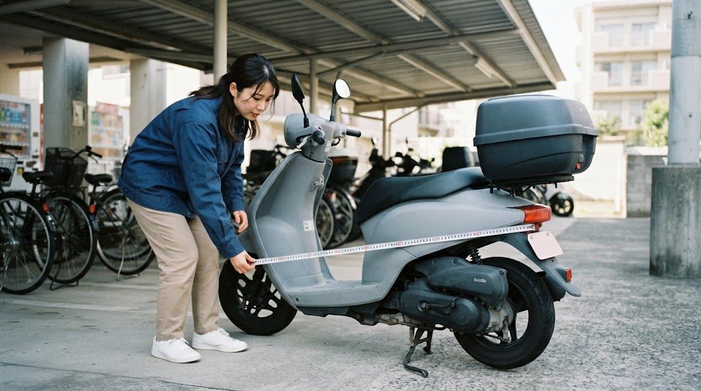 屋根付きの駐輪場で、女性がスクーターの横でかがみ、メジャーを前輪の先から車体の後ろ側まで伸ばして長さを測っている様子。スクーターの後ろにはリアボックスが付いている