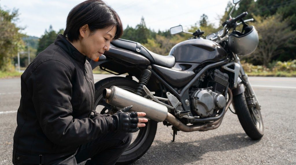 停めたバイクの横で、女性がグローブをはめた手をマフラーの近くに出している様子。手はマフラーに触れていない