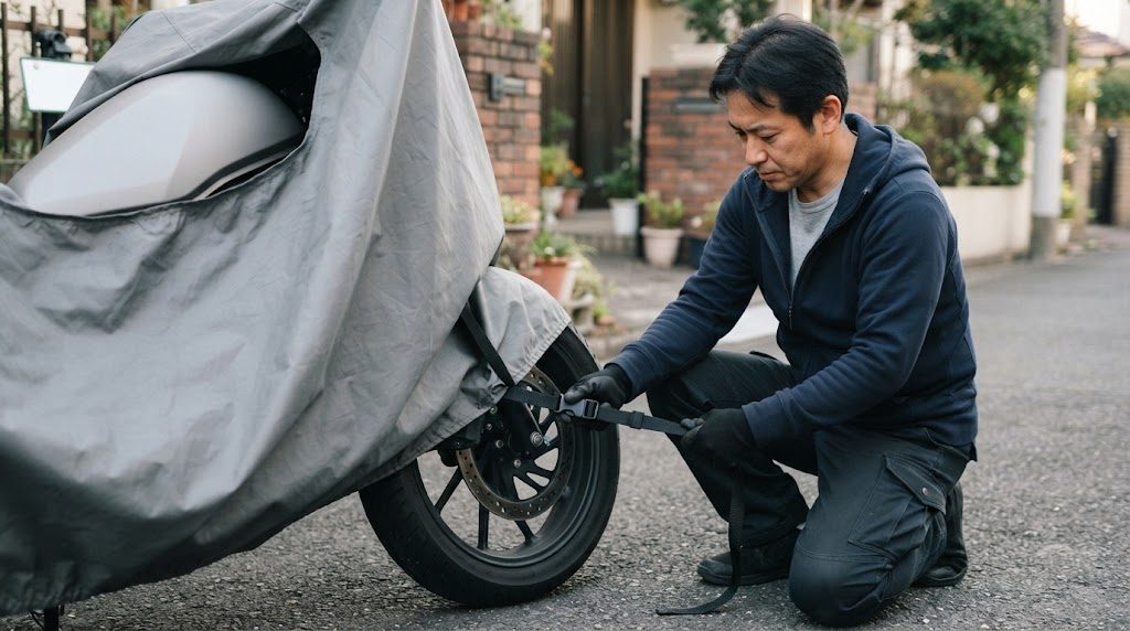 男性が、グレーのカバーをかけたバイクの前輪のそばにひざまずき、黒いベルトのバックルを両手で引いている様子