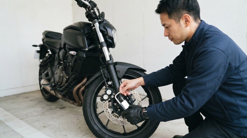 壁際に停めたバイクの前輪のそばで、男性がしゃがみ、ブレーキディスクに小型のディスクロックを取り付けている様子