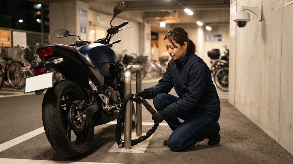夜の屋内駐輪場で、女性がしゃがみ、バイクのそばの金属のポールに黒いチェーンロックを通している様子。右上の壁に防犯カメラが付いている