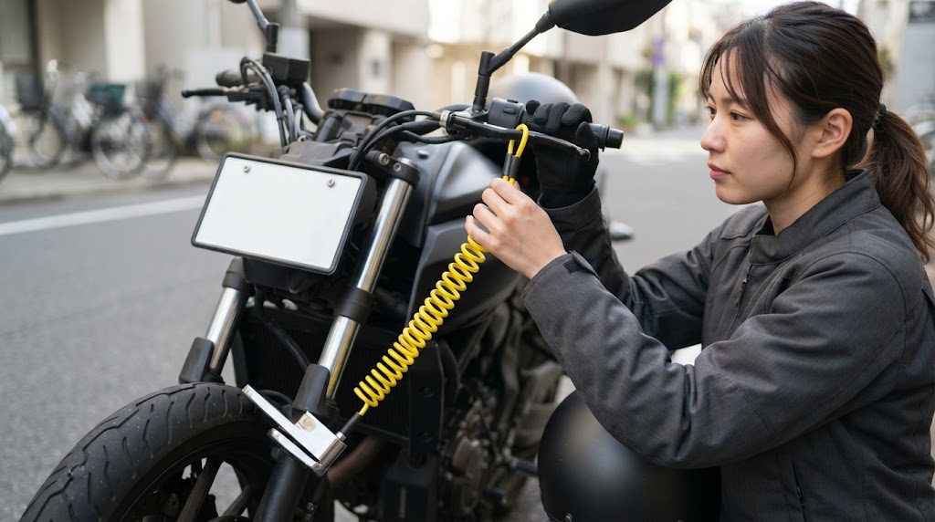 女性が、バイクの前輪のディスクロックから伸びる黄色いコイル状のケーブルを手に持ち、ハンドルのレバーの近くへ引っかけようとしている様子