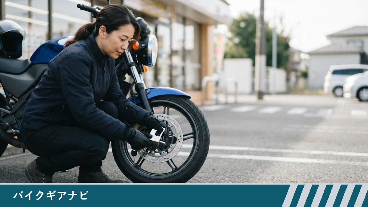 駐車場で、女性がバイクの前輪のそばにしゃがみ、ブレーキディスクに小型のディスクロックを取り付けている様子