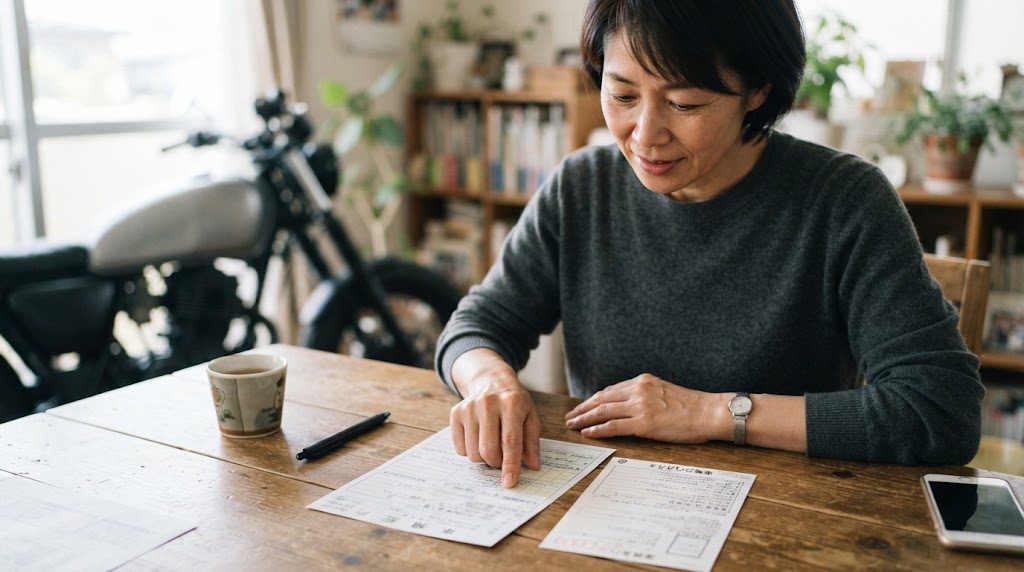 女性が自宅のテーブルで、2枚の書類を並べ、1枚の欄を人さし指でなぞっている様子。マグカップとスマホが置いてある