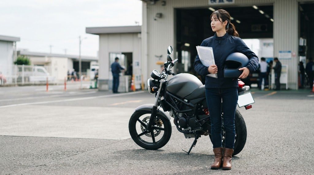 検査場のような建物の前で、女性が書類を入れたファイルとヘルメットを抱え、バイクの横に立っている様子