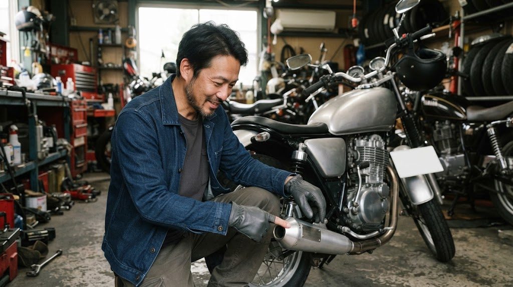 整備工場で、男性がバイクのマフラーの側面にある小さな金属板を指でさしている様子