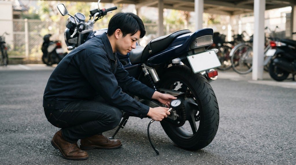駐輪場でバイクの横にしゃがんだ男性が、後輪の近くにエアゲージを当てて目盛りを見ている様子