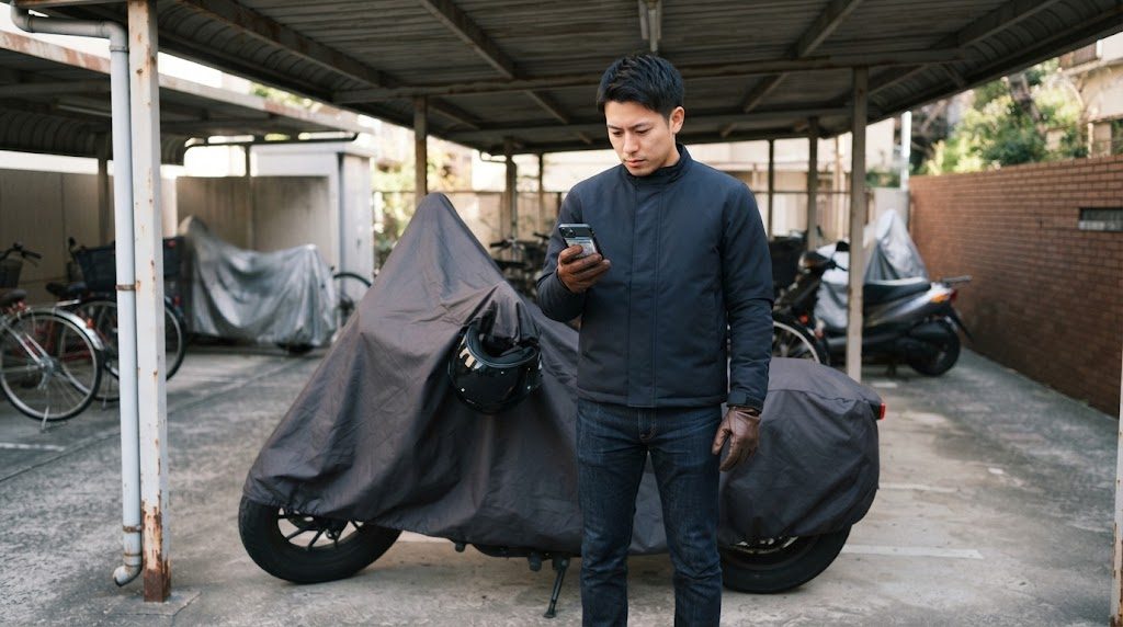 屋根付きの駐輪場で、カバーをかけたバイクの前に立った男性が、スマホの画面を見ている様子